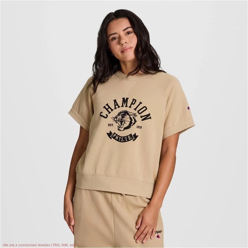 NEW Champion Beige Women's Phys Ed Fleece Short Sleeve Sweatshirt  Crew Neck Med